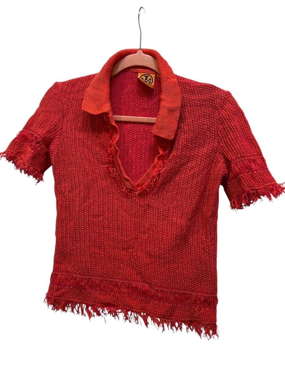 Tory Burch pink orange waffle knit fringe collared tunic sweater XS